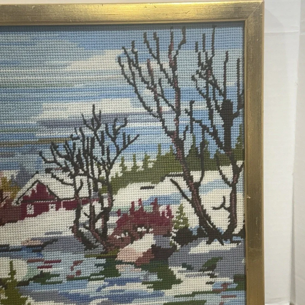 Vintage Needlepoint Framed Snow Winter Scene Red Farm House Stream Size 13 X 17